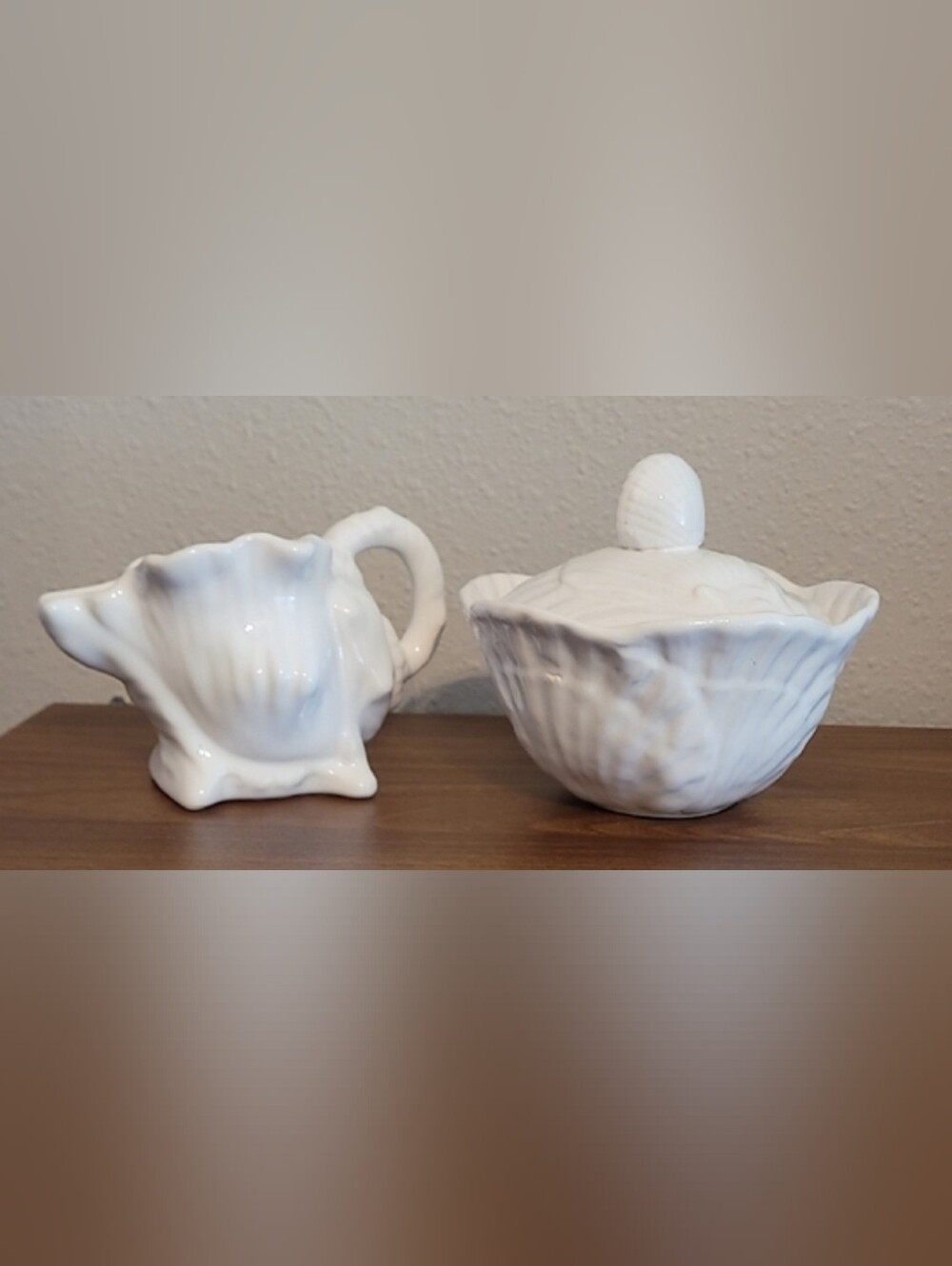 Olfaire White Ceramic Conch Shell Creamer & Sugar Set Coastal Nautical Portugal